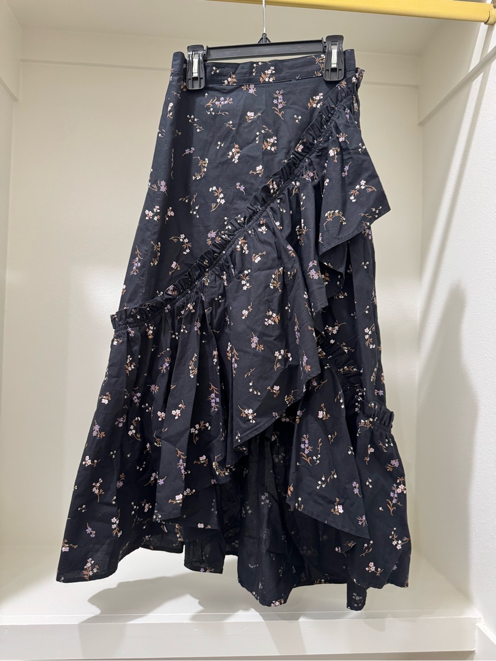 H&M Black Asymmetrical Floral Ruffle Midi Skirt